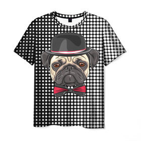 Мужская футболка 3D с принтом Mr. Pug в Екатеринбурге, 100% полиэфир | прямой крой, круглый вырез горловины, длина до линии бедер | Тематика изображения на принте: animal | dog | pet | pug | puppy | арт | горошек | джентльмен | животные | кружочки | мопс | мопсик | пес | собаки | текстура | французский бульдог