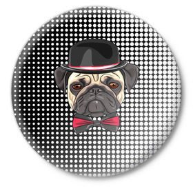 Значок с принтом Mr. Pug в Екатеринбурге,  металл | круглая форма, металлическая застежка в виде булавки | animal | dog | pet | pug | puppy | арт | горошек | джентльмен | животные | кружочки | мопс | мопсик | пес | собаки | текстура | французский бульдог