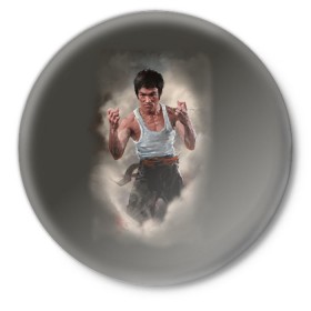 Значок с принтом Брюс Ли в Екатеринбурге,  металл | круглая форма, металлическая застежка в виде булавки | актер | блюс | боец | каратэ | кунг фу | ли | спорт