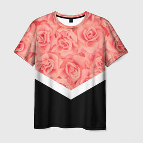 Мужская футболка 3D с принтом Розы (в цвете) в Екатеринбурге, 100% полиэфир | прямой крой, круглый вырез горловины, длина до линии бедер | Тематика изображения на принте: flowers | абстракция | растения | розовы | розы | треугольник | цветы | черно белый