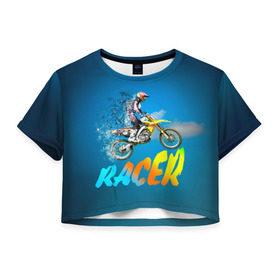 Женская футболка 3D укороченная с принтом Racer (гонщик) в Екатеринбурге, 100% полиэстер | круглая горловина, длина футболки до линии талии, рукава с отворотами | 