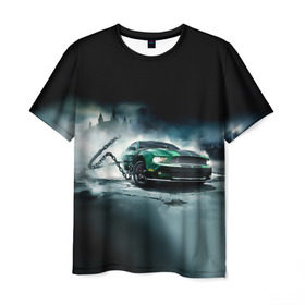 Мужская футболка 3D с принтом Призрачный Ford Mustang в Екатеринбурге, 100% полиэфир | прямой крой, круглый вырез горловины, длина до линии бедер | ford | mustang | авто | автомобиль | блатная | замок | зеленый | иномарка | крутая | марка | машина | мустанг | пацанский таз | поводок | прикольная | седан | тачила | тачка | туман | форд | цепь