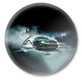 Значок с принтом Призрачный Ford Mustang в Екатеринбурге,  металл | круглая форма, металлическая застежка в виде булавки | ford | mustang | авто | автомобиль | блатная | замок | зеленый | иномарка | крутая | марка | машина | мустанг | пацанский таз | поводок | прикольная | седан | тачила | тачка | туман | форд | цепь