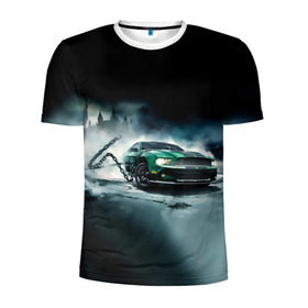 Мужская футболка 3D спортивная с принтом Призрачный Ford Mustang в Екатеринбурге, 100% полиэстер с улучшенными характеристиками | приталенный силуэт, круглая горловина, широкие плечи, сужается к линии бедра | Тематика изображения на принте: ford | mustang | авто | автомобиль | блатная | замок | зеленый | иномарка | крутая | марка | машина | мустанг | пацанский таз | поводок | прикольная | седан | тачила | тачка | туман | форд | цепь