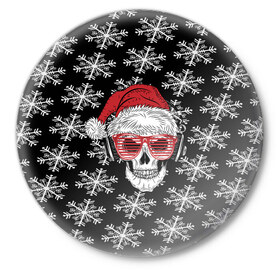 Значок с принтом Santa Skull хипстер в Екатеринбурге,  металл | круглая форма, металлическая застежка в виде булавки | дед мороз | новогодний | паттерн | санта | снег | снежинки