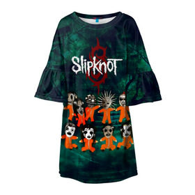 Детское платье 3D с принтом Группа Slipknot в Екатеринбурге, 100% полиэстер | прямой силуэт, чуть расширенный к низу. Круглая горловина, на рукавах — воланы | slipknot | альтернативный метал | грув метал | комбинезон | маска | метал | мрачный | ню метал | рок