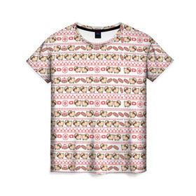 Женская футболка 3D с принтом Свитер с мопсами в Екатеринбурге, 100% полиэфир ( синтетическое хлопкоподобное полотно) | прямой крой, круглый вырез горловины, длина до линии бедер | милый | паттерн | пончик | собака | щенок