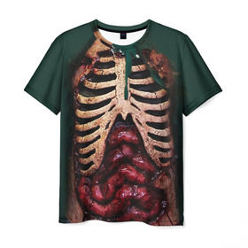 Мужская футболка 3D с принтом Грудная клетка в Екатеринбурге, 100% полиэфир | прямой крой, круглый вырез горловины, длина до линии бедер | Тематика изображения на принте: halloween | skeleton | грудная клетка | кости | ребра | скелет | хэллоуин