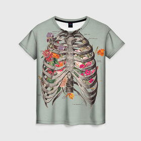 Женская футболка 3D с принтом Грудная клетка в Екатеринбурге, 100% полиэфир ( синтетическое хлопкоподобное полотно) | прямой крой, круглый вырез горловины, длина до линии бедер | halloween | skeleton | грудная клетка | кости | ребра | скелет | хэллоуин