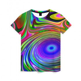 Женская футболка 3D с принтом Галлюцинации в Екатеринбурге, 100% полиэфир ( синтетическое хлопкоподобное полотно) | прямой крой, круглый вырез горловины, длина до линии бедер | abstract | colorful | colors | rainbow | tie dye | абстракция | брызги | геометрия | краска | краски | разводы