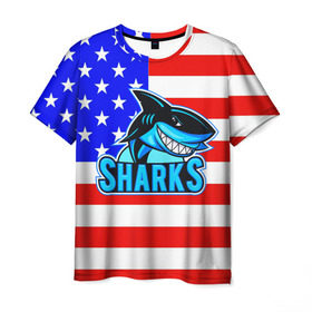 Мужская футболка 3D с принтом Sharks USA в Екатеринбурге, 100% полиэфир | прямой крой, круглый вырез горловины, длина до линии бедер | sharks | usa | акула | америка | американец | символика америки | сша