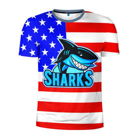 Мужская футболка 3D спортивная с принтом Sharks USA в Екатеринбурге, 100% полиэстер с улучшенными характеристиками | приталенный силуэт, круглая горловина, широкие плечи, сужается к линии бедра | Тематика изображения на принте: sharks | usa | акула | америка | американец | символика америки | сша
