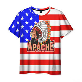 Мужская футболка 3D с принтом Apache в Екатеринбурге, 100% полиэфир | прямой крой, круглый вырез горловины, длина до линии бедер | Тематика изображения на принте: apache | usa | америка | американец | индейцы | символика америки | сша