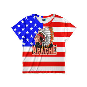 Детская футболка 3D с принтом Apache в Екатеринбурге, 100% гипоаллергенный полиэфир | прямой крой, круглый вырез горловины, длина до линии бедер, чуть спущенное плечо, ткань немного тянется | apache | usa | америка | американец | индейцы | символика америки | сша