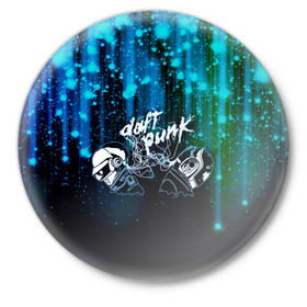 Значок с принтом Daft Punk в Екатеринбурге,  металл | круглая форма, металлическая застежка в виде булавки | Тематика изображения на принте: ги мануэль де омем кристо | дафт панк | искра | капли | музыка | надпись | нью диско | синти поп | техно | тома бангальтер | фанк | французский хаус | шлем | электроник рок | электронная
