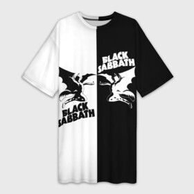 Платье-футболка 3D с принтом Black Sabbath в Екатеринбурге,  |  | black sabbath | ангел | белое | билл уорд | гизер батлер | группа | демон | инь и янь | крылья | метал | музыка | надпись | оззи | осборн | песни | рок | тони айомми | хард рок | хеви метал | черное