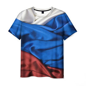 Мужская футболка 3D с принтом Российский Триколор в Екатеринбурге, 100% полиэфир | прямой крой, круглый вырез горловины, длина до линии бедер | текстура | ткань