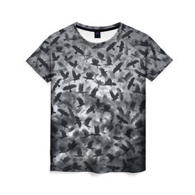 Женская футболка 3D с принтом Вороны в Екатеринбурге, 100% полиэфир ( синтетическое хлопкоподобное полотно) | прямой крой, круглый вырез горловины, длина до линии бедер | ворон | ворона | воронье | небо | паттрен | птицы | серый | стая | текстура | хеллоуин