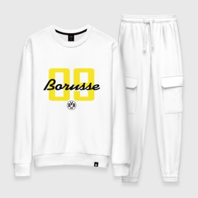 Женский костюм хлопок с принтом Borussia Dortmund - Borusse 09 (New 2018 Design) в Екатеринбурге, 100% хлопок | на свитшоте круглая горловина, мягкая резинка по низу. Брюки заужены к низу, на них два вида карманов: два 