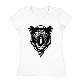 Женская футболка хлопок с принтом Черно-белый тигр в Екатеринбурге, 100% хлопок | прямой крой, круглый вырез горловины, длина до линии бедер, слегка спущенное плечо | 
