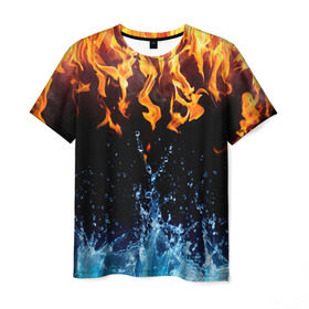 Мужская футболка 3D с принтом Две стихии в Екатеринбурге, 100% полиэфир | прямой крой, круглый вырез горловины, длина до линии бедер | Тематика изображения на принте: cold | fire | ice | вода water | лёд | огонь | пламя | стихиz | холод
