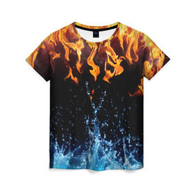 Женская футболка 3D с принтом Две стихии в Екатеринбурге, 100% полиэфир ( синтетическое хлопкоподобное полотно) | прямой крой, круглый вырез горловины, длина до линии бедер | cold | fire | ice | вода water | лёд | огонь | пламя | стихиz | холод