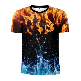 Мужская футболка 3D спортивная с принтом Две стихии в Екатеринбурге, 100% полиэстер с улучшенными характеристиками | приталенный силуэт, круглая горловина, широкие плечи, сужается к линии бедра | cold | fire | ice | вода water | лёд | огонь | пламя | стихиz | холод