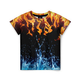 Детская футболка 3D с принтом Две стихии в Екатеринбурге, 100% гипоаллергенный полиэфир | прямой крой, круглый вырез горловины, длина до линии бедер, чуть спущенное плечо, ткань немного тянется | cold | fire | ice | вода water | лёд | огонь | пламя | стихиz | холод