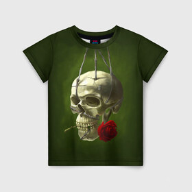 Детская футболка 3D с принтом Череп и роза в Екатеринбурге, 100% гипоаллергенный полиэфир | прямой крой, круглый вырез горловины, длина до линии бедер, чуть спущенное плечо, ткань немного тянется | Тематика изображения на принте: кости | роза | скелет | хэллоуин | цветок | цветы | череп