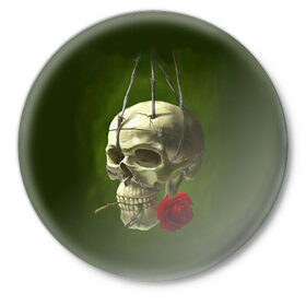 Значок с принтом Череп и роза в Екатеринбурге,  металл | круглая форма, металлическая застежка в виде булавки | Тематика изображения на принте: кости | роза | скелет | хэллоуин | цветок | цветы | череп