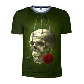 Мужская футболка 3D спортивная с принтом Череп и роза в Екатеринбурге, 100% полиэстер с улучшенными характеристиками | приталенный силуэт, круглая горловина, широкие плечи, сужается к линии бедра | кости | роза | скелет | хэллоуин | цветок | цветы | череп