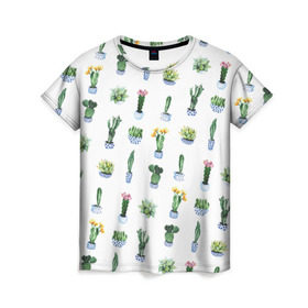Женская футболка 3D с принтом Кактусы в Екатеринбурге, 100% полиэфир ( синтетическое хлопкоподобное полотно) | прямой крой, круглый вырез горловины, длина до линии бедер | горшок | зеленый | кактус | принт | растение | флора | цветы