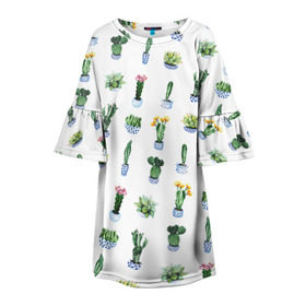 Детское платье 3D с принтом Кактусы в Екатеринбурге, 100% полиэстер | прямой силуэт, чуть расширенный к низу. Круглая горловина, на рукавах — воланы | Тематика изображения на принте: горшок | зеленый | кактус | принт | растение | флора | цветы
