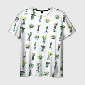 Мужская футболка 3D с принтом Кактусы в Екатеринбурге, 100% полиэфир | прямой крой, круглый вырез горловины, длина до линии бедер | горшок | зеленый | кактус | принт | растение | флора | цветы