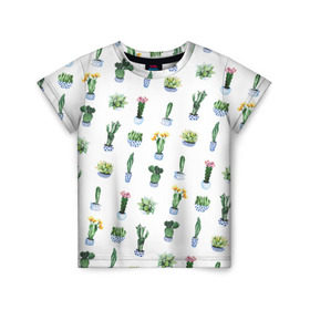 Детская футболка 3D с принтом Кактусы в Екатеринбурге, 100% гипоаллергенный полиэфир | прямой крой, круглый вырез горловины, длина до линии бедер, чуть спущенное плечо, ткань немного тянется | горшок | зеленый | кактус | принт | растение | флора | цветы