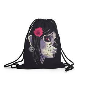 Рюкзак-мешок 3D с принтом Dia de Muertos в Екатеринбурге, 100% полиэстер | плотность ткани — 200 г/м2, размер — 35 х 45 см; лямки — толстые шнурки, застежка на шнуровке, без карманов и подкладки | женщина | мексика | праздник | скелет | хэллоуин | череп