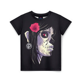 Детская футболка 3D с принтом Dia de Muertos в Екатеринбурге, 100% гипоаллергенный полиэфир | прямой крой, круглый вырез горловины, длина до линии бедер, чуть спущенное плечо, ткань немного тянется | женщина | мексика | праздник | скелет | хэллоуин | череп