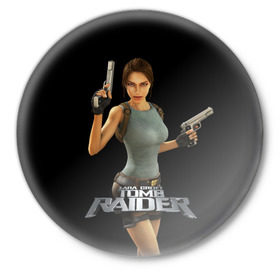 Значок с принтом TOMB RAIDER в Екатеринбурге,  металл | круглая форма, металлическая застежка в виде булавки | Тематика изображения на принте: game | girl | gun | lara croft | tomb raider | девушка | игра | оружие | пистолет