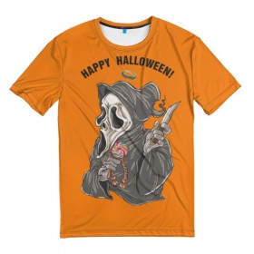 Мужская футболка 3D с принтом Happy Halloween в Екатеринбурге, 100% полиэфир | прямой крой, круглый вырез горловины, длина до линии бедер | helloween |  хэллоуин | день всех святых | крик | нож | праздник | ужас | хеллоуин | хеловин | хелоуин