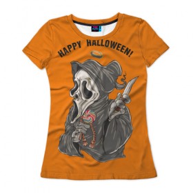 Женская футболка 3D с принтом Happy Halloween в Екатеринбурге, 100% полиэфир ( синтетическое хлопкоподобное полотно) | прямой крой, круглый вырез горловины, длина до линии бедер | helloween |  хэллоуин | день всех святых | крик | нож | праздник | ужас | хеллоуин | хеловин | хелоуин