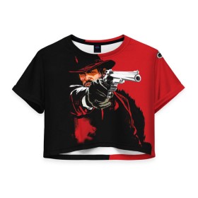 Женская футболка 3D укороченная с принтом Red Dead Redemption в Екатеринбурге, 100% полиэстер | круглая горловина, длина футболки до линии талии, рукава с отворотами | cowboy | game | gun | jim | red dead redemption | rockstar | west | вестерн | дикий запад | игра | ковбой | оружие | пистолет