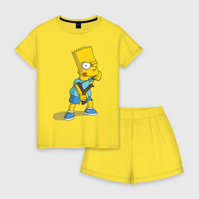 Женская пижама с шортиками хлопок с принтом Bart Simpson в Екатеринбурге, 100% хлопок | футболка прямого кроя, шорты свободные с широкой мягкой резинкой | барт | разбойник | рогатка. | симпсоны