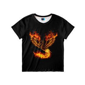 Детская футболка 3D с принтом Феникс в Екатеринбурге, 100% гипоаллергенный полиэфир | прямой крой, круглый вырез горловины, длина до линии бедер, чуть спущенное плечо, ткань немного тянется | fire | flame | in fire | smoke | в огне | дым | огненный | огонь