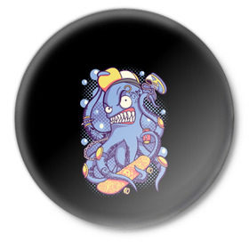 Значок с принтом Octopus Skater в Екатеринбурге,  металл | круглая форма, металлическая застежка в виде булавки | Тематика изображения на принте: octopus skater | осьминог | скейт | спорт