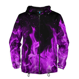 Мужская ветровка 3D с принтом Фиолетовый огонь в Екатеринбурге, 100% полиэстер | подол и капюшон оформлены резинкой с фиксаторами, два кармана без застежек по бокам, один потайной карман на груди | Тематика изображения на принте: лиловый | пламя | яркий