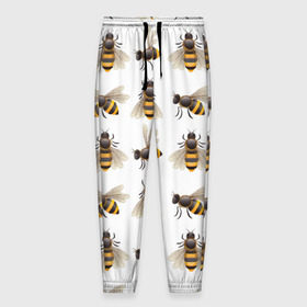 Мужские брюки 3D с принтом Пчелы в Екатеринбурге, 100% полиэстер | манжеты по низу, эластичный пояс регулируется шнурком, по бокам два кармана без застежек, внутренняя часть кармана из мелкой сетки | белый | желтый | крылья | мед | черный
