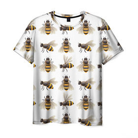 Мужская футболка 3D с принтом Пчелы в Екатеринбурге, 100% полиэфир | прямой крой, круглый вырез горловины, длина до линии бедер | Тематика изображения на принте: белый | желтый | крылья | мед | черный