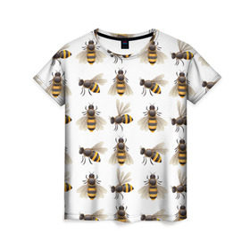 Женская футболка 3D с принтом Пчелы в Екатеринбурге, 100% полиэфир ( синтетическое хлопкоподобное полотно) | прямой крой, круглый вырез горловины, длина до линии бедер | белый | желтый | крылья | мед | черный