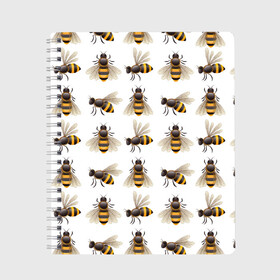 Тетрадь с принтом Пчелы в Екатеринбурге, 100% бумага | 48 листов, плотность листов — 60 г/м2, плотность картонной обложки — 250 г/м2. Листы скреплены сбоку удобной пружинной спиралью. Уголки страниц и обложки скругленные. Цвет линий — светло-серый
 | Тематика изображения на принте: белый | желтый | крылья | мед | черный