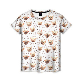 Женская футболка 3D с принтом Собаки Паттерн в Екатеринбурге, 100% полиэфир ( синтетическое хлопкоподобное полотно) | прямой крой, круглый вырез горловины, длина до линии бедер | акварель | лапа | лапки | мопс | пес | псы | след | собакен | чихуа
